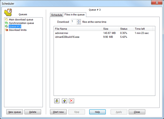 'Files in the queue' tab of Internet Download Manager 'Scheduler' dialog